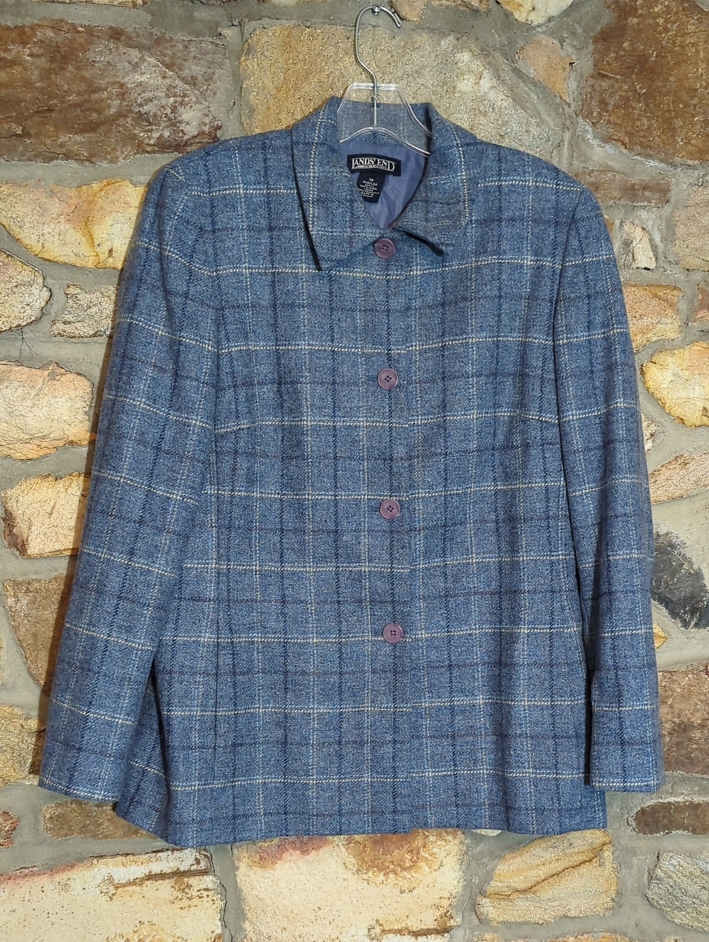 Lands' End Blue Plaid 100% Wool Blazer Jacket